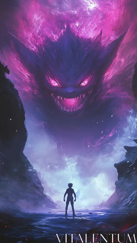 Silhouette confronts massive glowing monster in misty canyon