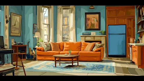 Orange sofa dominates colorful stylized living room interior