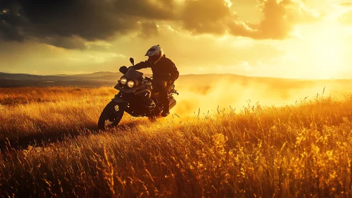 Motorcyclist rides through golden field at bright sunset.