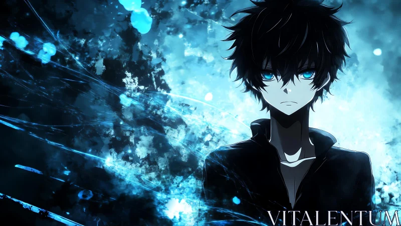 Brooding blue-eyed anime boy in swirling energy storm.