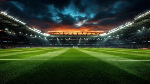 Floodlit arena breathes under stormlit sunset sky tonight