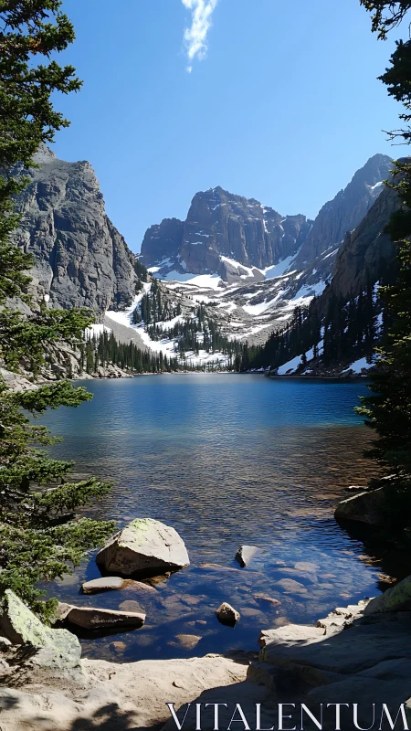 Mountain lake with snowcapped peaks and clear blue water.