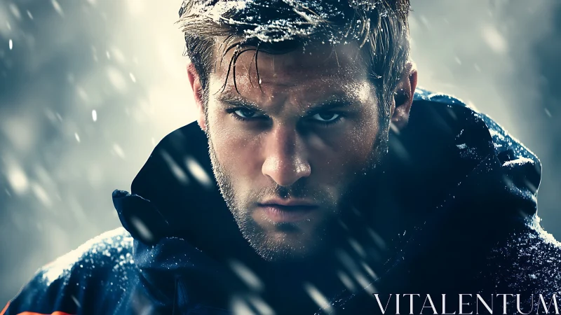 Intense male portrait in blizzard with cinematic cold lighting.