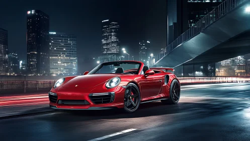 Midnight red sports car cruising through the glowing city streets.