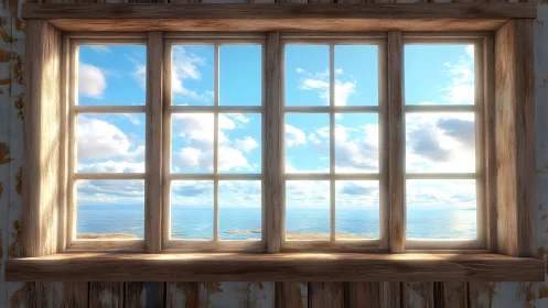 Sunlit shore framed by weathered cottage windowpane dreams.