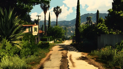 Sunlit country lane winding through lush hillside village.