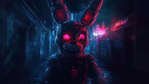 Glowing eyed animatronic rabbit in neon lit urban alley.