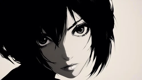 Stark monochrome anime portrait with intense side lighting.
