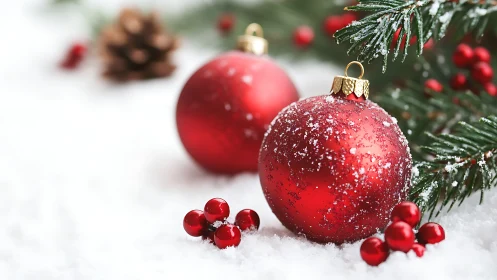 Red Christmas baubles with snow-dusted fir branches on white.