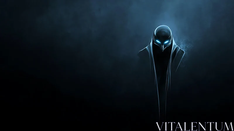 Mysterious hooded figure with glowing blue eyes in shadow.
