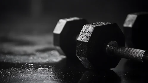 High-contrast macro study of wet hex dumbbell on dark floor