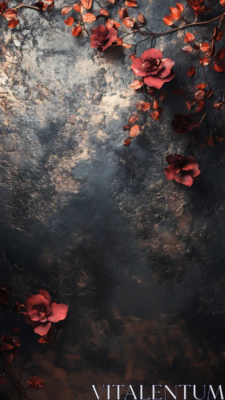 Red flowers on textured dark surface.