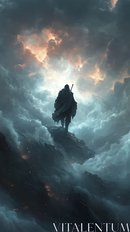 Cloaked warrior ascends storm-lit ridge through turbulent clouds