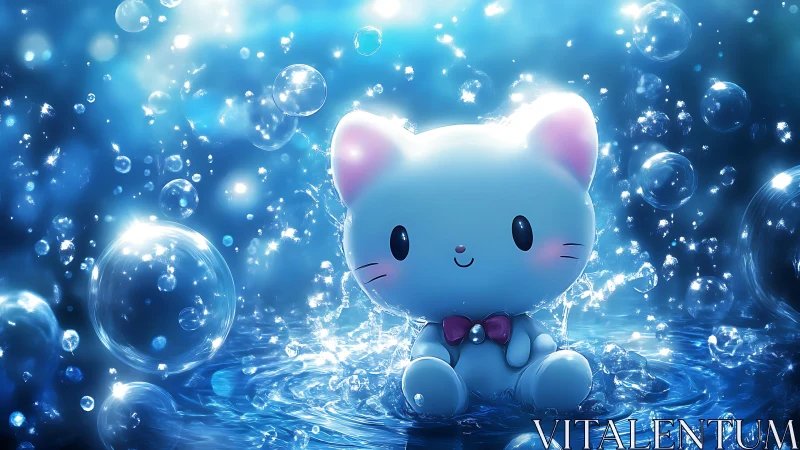 Chibi water kitten mascot with glossy bubbles and blue bokeh field