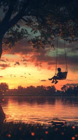 Silhouette of child on lakeside swing at low sun over water