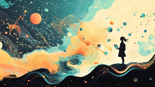 Silhouetted figure studies digital tablet amid abstract data flows