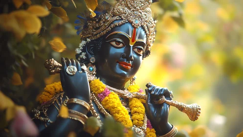 Blue-skinned deity statue holds flute amid floral background