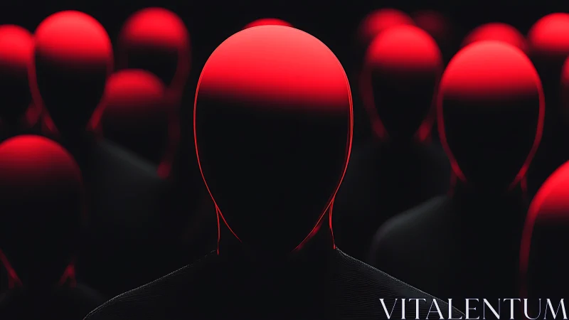 Red faceless silhouettes in dark abstract crowd scene.