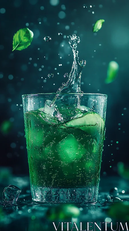 Dynamic liquid splash erupts from carbonated beverage glass with suspended particles.