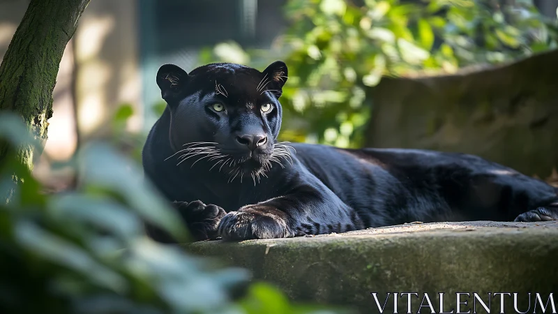 Black panther resting on concrete ledge in lush green environment.