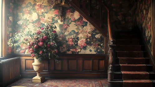 Vintage floral stairwell interior shows ornate wood details