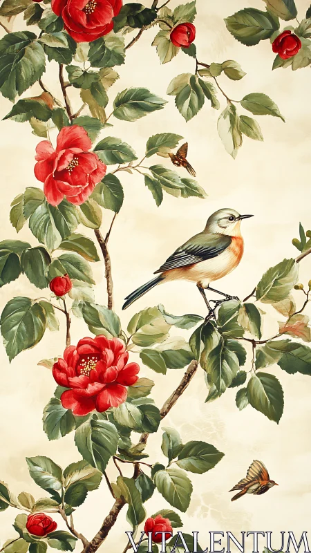 Songbird perched amid camellia blossoms on parchment ground