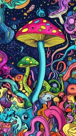 Psychedelic neon mushrooms in surreal cosmic garden.