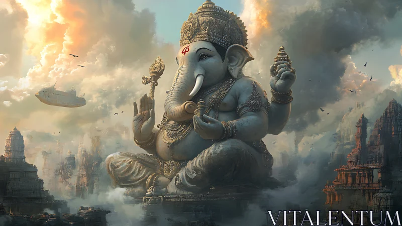 Mythic Ganesha colossus in cinematic atmospheric concept art.