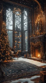 Snowlit manor parlor wrapped in golden Christmas glow.