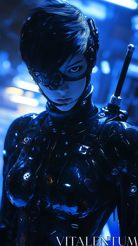 Cybernetic figure in reflective bodysuit under blue light.