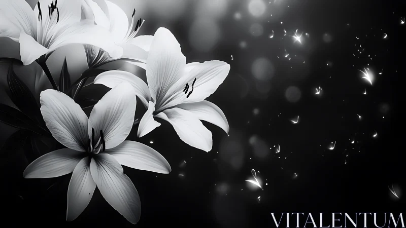 White lilies bloom against dark backdrop with luminous particle effects.