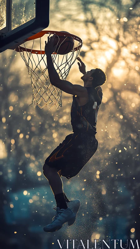 Backlit basketball dunk under glowing sunset rain.