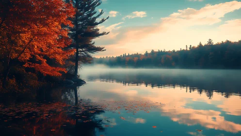 Autumn trees reflect on calm misty lake at soft sunrise