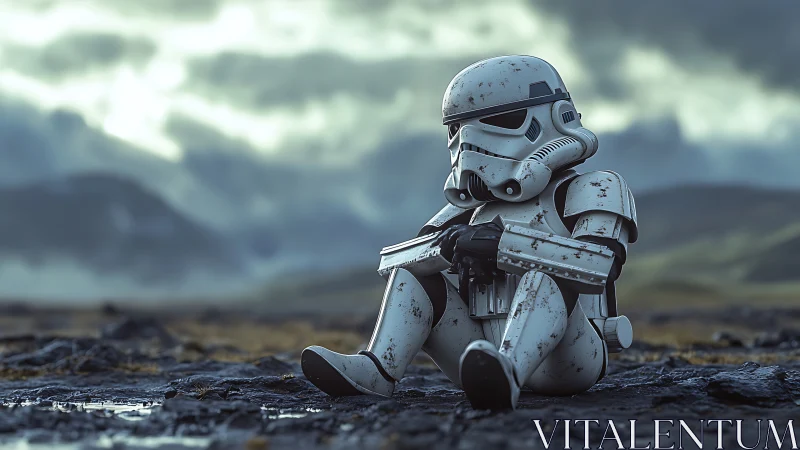 Quiet stormtrooper rest on a rainy, rugged alien plain.