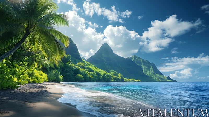 Tropical Coastal Landscape with Dramatic Mountain Peak.