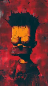 Moody cartoon boy portrait on intense red background.