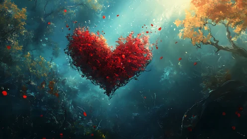 Red Heart Tree Suspended in Ethereal Teal Realm.