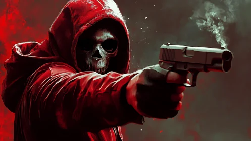Crimson reaper in a hooded haze calmly levels smoking steel