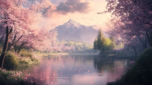 Gentle cherry blossom lake cradled by distant mountains.