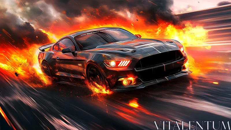 High-speed sports car amid linear flames on wet roadway.