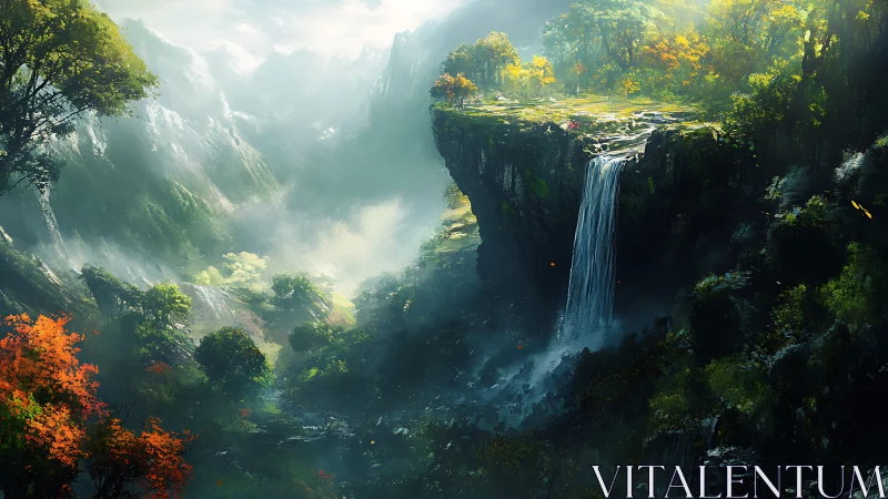 Atmospheric fantasy valley with elevated plateau waterfall
