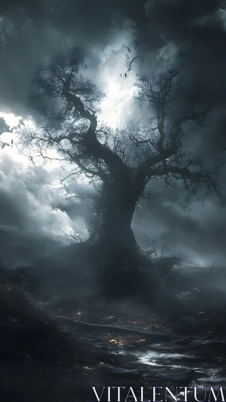 Solitary dead tree crowned by stormlit swirling clouds.