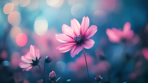Pink Cosmos Flowers Against Blurred Blue Background.