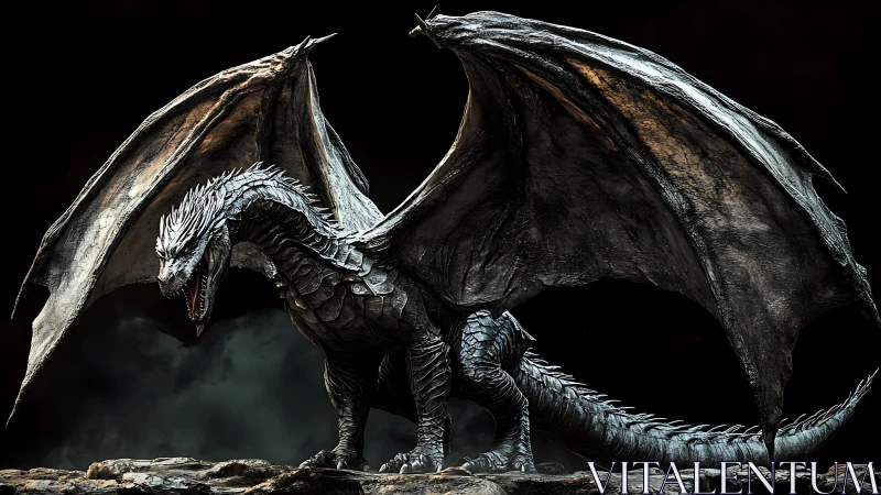 Armored obsidian dragon spreads colossal wings, roaring.