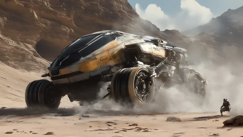 Massive sci-fi rover powers through dusty desert canyon.