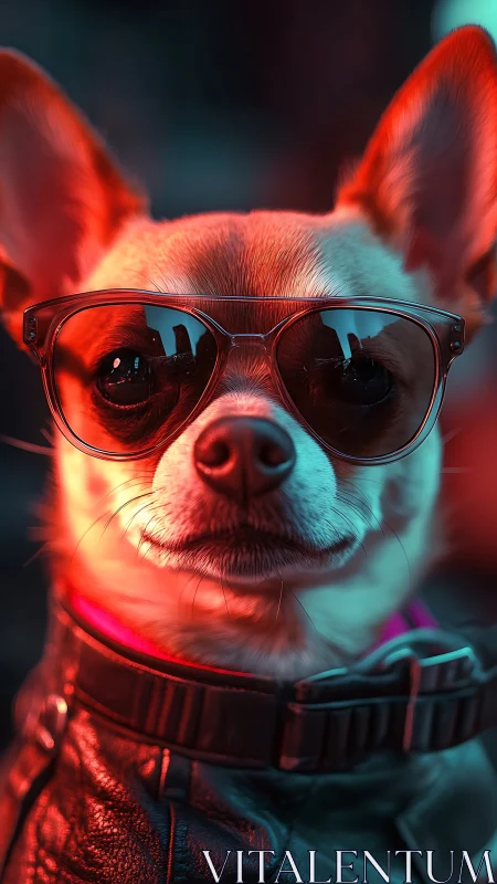 Chihuahua in sunglasses and leather jacket under neon light.