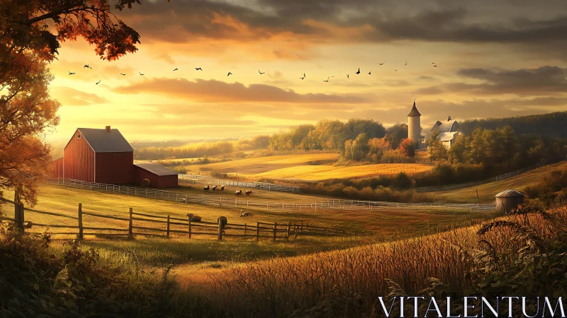 Sunlit rural farmland with barns, pastures, and distant hills.