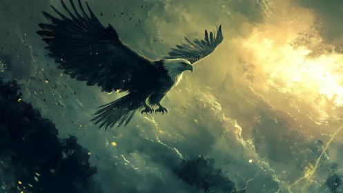Majestic Bald Eagle Soaring Through Dramatic Sunlit Sky Artwork.