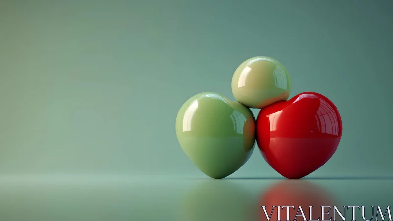 Glossy heart spheres align on soft teal gradient ground.