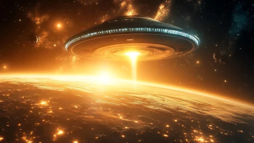UFO spacecraft hovers over glowing planet with energy beam